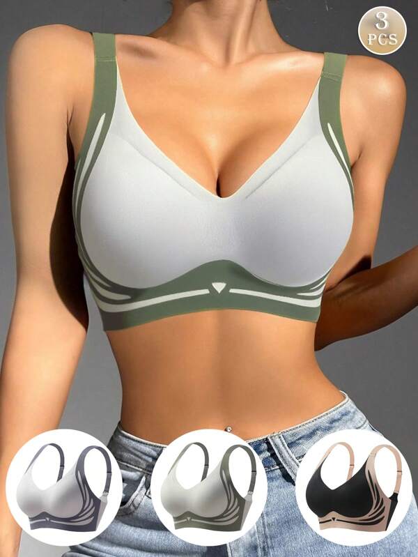 3pcs Women's Sports Bras Non-Wired Liftup Adjustable Pullover Bras