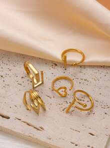 4/5 Teile modischer, einfacher Frauen-Edelstahl-Goldring-Set, geometrische Linienmuster, passend für den täglichen Gebrauch, Urlaub, Dating, als Geschenkschmuck