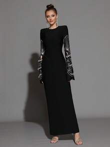 Modphy New Luxury Sparkling Diamond Decor Black Round Neck Long Sleeve Hollow Bow Elegant Bandage Dress, Formal Gown For Wedding Guest, Party, Eid Celebration