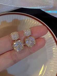 1 Pair Women Elegant Vintage Geometric Rhinestone Inlaid Pink/White Simple Dangle Earrings - Pink - View 7