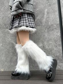 1 双白色纯色人造毛皮蓬松腿套，Y2K 风格，四季皆宜，舒适保暖 - 白色 - 查看 4