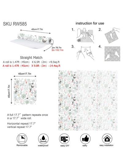 Fresh Pink/Green Art Flower Wallpaper, Peel Stick Waterproof Renovation Wand Sticker, Removable Beautiful Mural, Home Art, ation 17.7 Inch 6.5/9.8 Feet, Stickers Panels, Paper, Wallpapers, Items Refresh Your Home, Festival Birthday Graduation view 11