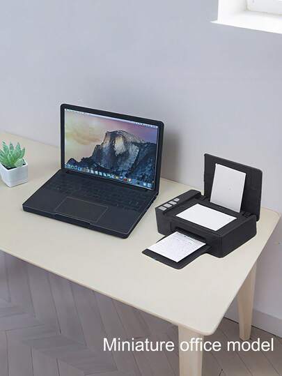 Miniature Laptop Model, Collector-Grade Figurine. Mini Realistic Office Model, Miniature Printer Model Ornament, Home Decor Decoration, Collapsible Folding Laptop, Movable Printer, Miniature Office Scene Accessories