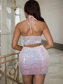 2pcs/Set Sequined Halter Top And Mini Skirt Bodycon Outfit Set, Summer - Pink - View 3