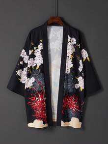 Retro Japan Style Loose 3/4 Sleeve Cat Samurai & Cherry Blossom Print Kimono Cover Up, Summer Beach Vacation Cover Up Robe