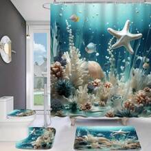 1/4pcs Seashell & Starfish Print Bathroom Set, Decorative Shower Curtain Set Including Curtain, Anti-Slip Mat, Toilet Cover, Bath Mat And 12 Plastic Hooks, Bathroom Accessories, Home Decor Home Bathroom Decor Summer Back To School