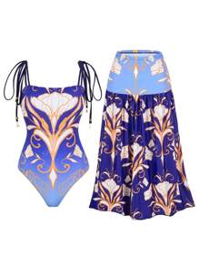 1 Stück modischer und sexy Damen Bandeau Monokini mit Sarong Strandkleid Cover-Up, raffft und verdeckt den Bauch, europäischer und amerikanischer Stil, geeignet für Sommer, Strand, Urlaub