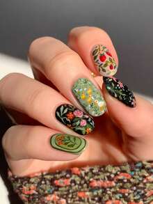 24片杏仁形美甲贴纸礼盒套装，包含草莓印花、可爱黄鸭、奶油色花朵和复古花园野餐图案，适合作为女孩礼物，便携式派对美甲套装，内含1瓶果冻胶、1把指甲锉和1个美甲工具。 - 彩色 - 查看 2