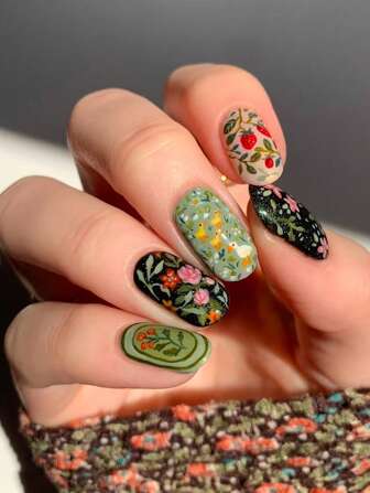 24 Pcs Almond Press On Nails Gift Box Spring Sun Through Red Strawberry Print Cute Yellow Duck Cream Pink Flower Green Retro Garden Style Picnic Suitable For Girls Gift, Banquet Portable Fake Nail With Jelly Glue 1 Piece File Strip 1