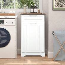 Single 10 Gallon Tilt Out Trash Can Cabinet, Wooden Hidden Garbage Can Holder With Storage Drawers For Kitchen And Dining Room, Laundry Hamper Cabinet For Bathroom, White - 白色 - 查看 6