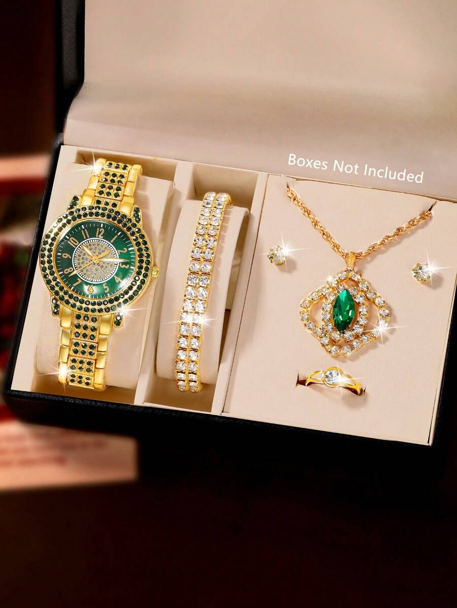 Conjunto de reloj para dama de 7 piezas es magnífico y de moda. Presenta una esfera redonda completamente cubierta de diamantes, una caja y correa también completamente cubiertas de diamantes. Es un lujoso reloj de cuarzo con un juego de joyería que incluye un collar colgante, aretes, anillo y brazalete, adecuado para uso diario, temporada de regreso a clases, temporada de graduación, Acción de Gracias, parejas, el mejor regalo. Caja de reloj no incluida.