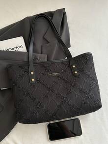 1pc Black Nylon Smooth Zipper Rhombus Pattern Rivet Inlaid Fashion Versatile Casual Commute Chic Shoulder Tote Bag, Suitable For Women's Daily Use - Black - View 8