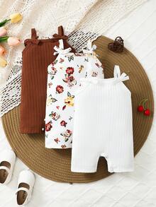 3 件套婴儿/女宝宝可爱休闲双蝴蝶结肩带连体衣，适合夏季日常穿着 - 彩色 - 查看 1