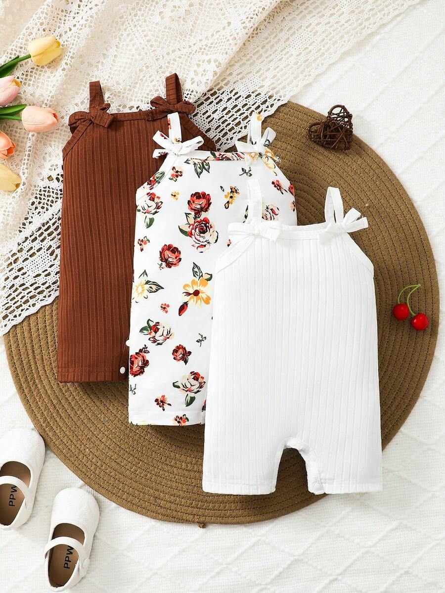 3 件套婴儿/女宝宝可爱休闲双蝴蝶结肩带连体衣，适合夏季日常穿着 - 彩色 - 查看 1