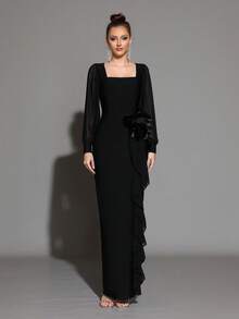 Modphy 一件式纯色绷带基本款优雅派对性感浪漫针织面料立体花卉荷叶边女士正式晚宴礼服连衣裙晚会约会婚礼派对生日派对毕业派对周年纪念节日正式晚宴婚礼嘉宾毕业舞会单身派对舞台和表演音乐会夏季 - 黑色 - 查看 1