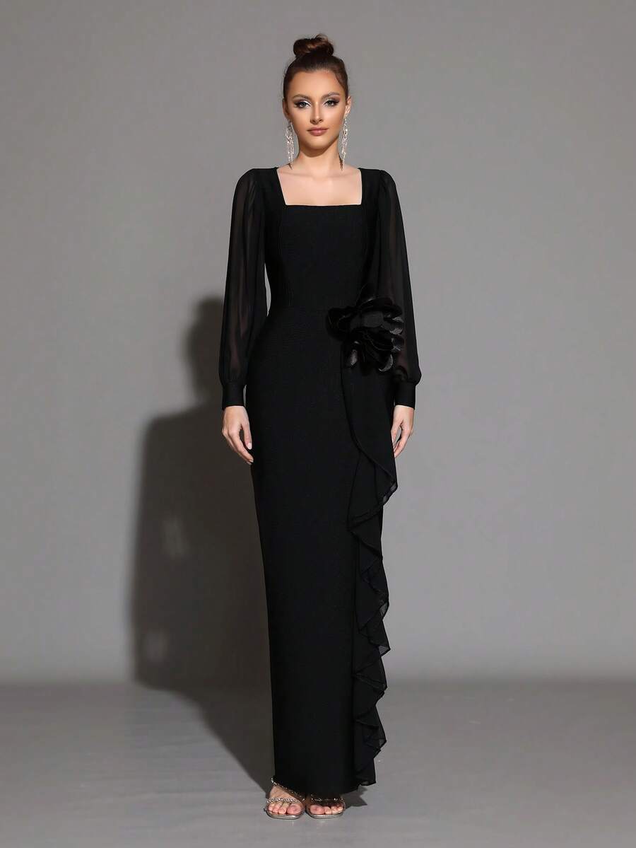 Modphy 一件式纯色绷带基本款优雅派对性感浪漫针织面料立体花卉荷叶边女士正式晚宴礼服连衣裙晚会约会婚礼派对生日派对毕业派对周年纪念节日正式晚宴婚礼嘉宾毕业舞会单身派对舞台和表演音乐会夏季 - 黑色 - 查看 1