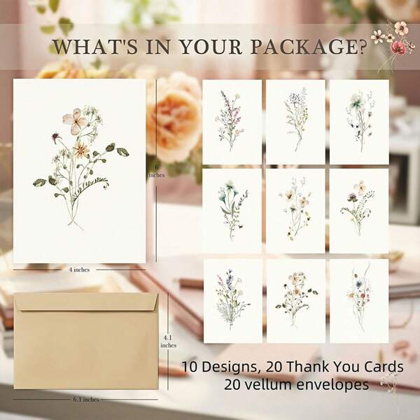 Ensemble de cartes de vœux florales élégantes - 20 cartes vierges à l'intérieur et enveloppes en kraft, cartes de remerciement de style naturel de 4x6 pouces pour les enseignants, amis, famille, entreprise (20 cartes + 20 enveloppes)