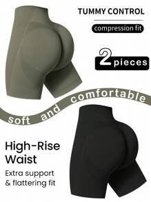 2 peças Shorts de Ioga Sem Costura Fitness Esportivo Feminino, Cintura Alta com Controle da Barriga, Levantamento do Bumbum, Secagem Rápida, Shorts Altamente Elásticos