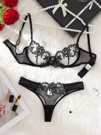 2-Piece Women's Solid Color Floral Embroidery Semi Transparent Bra Set With Adjustable Shoulder Straps, Comfortable Home Style Bra, Elegant Valentine's Day Lingerie, Women's Bra And Triangle Pants That Can Be Worn All Year Round, Rave