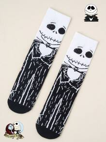 Disney 1 par, unisex, calcetines de media caña con dibujo de Jack de Disney, contraste negro y blanco, tejido suave, ajuste elástico, estilo gótico oscuro, set de calcetines de pareja/mujer, edición limitada para Pascua/verano/Halloween/pareja/mujer/calcetines blancos