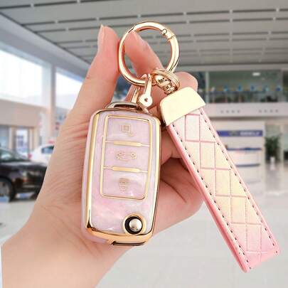 [2-in-1 Anti-Kratzer & Anti-Sturz] Pfirsichblüten Jade Design TPU transparente Autoschlüssel Abdeckung + modische Farbverlauf Schlüsselanhänger (inklusive Installationsschraubendreher) kratzfest, tragbares Design, 360° Signalschutz [Bitte prüfen Sie die Kompatibilität]