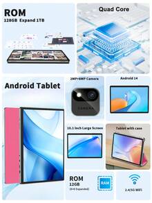 Relndoo Android 平板电脑 2025 最新款，10 英寸 Android 14 平板电脑带保护套，(6GB+ 6GB)RAM+128GB ROM，RK3562 四核 2.0Ghz，6000 MAh 高容量电池，Type-C，2MP+8MP 双摄像头，802.11n Wifi6 2.4G/5G 无线，1280*800px 高清触摸屏，1TB SD 扩展，GPS，GMS 认证平板电脑-粉色 - 粉色 - 查看 2