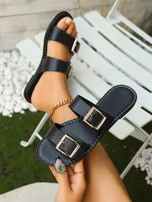 Livesso 2025 新款多带扣一脚蹬凉鞋，夏季必备，女士时尚简约宽带凉鞋，日常休闲度假沙滩防滑软底复古法式平底鞋，可搭配连衣裙 - 黑色 - 查看 4