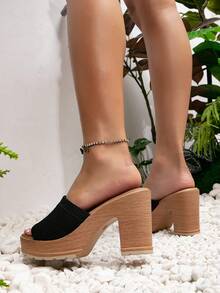 Damen Bohemien gestrickte bequeme Slip-On High Heel Sandalen, Sommer Strandurlaub Sandalen