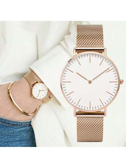 1pc Ladies' Quartz Wristwatch Mesh Strap Round Pointer Stainless Steel Strap,Ultra Thin Dial able Quality Jewelry Rose Goud Horloge Travel As Students Returning To School view 5