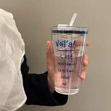 蝴蝶印花透明塑料杯带吸管，日常休闲水瓶