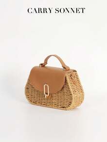 天然复古编织斜挎包，方形经典款式，精致复古皮革搭扣，可调节肩带，时尚必备单品，沙滩包，度假完美之选，时尚女性的理想之选 - 卡其色 - 查看 2