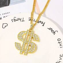 1pc Exaggerated Hip-Hop Dollar Sign Crystal Inlaid Bold Alloy Pendant Necklace, Suitable For Men And Women Everyday Wear - Gold - View 1