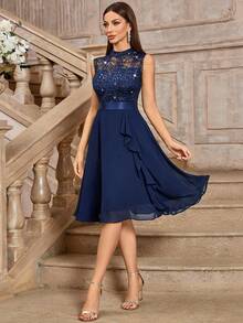 MIUSOL Turtleneck Sequin Floral Lace Sleeveless Ruffle Hem Cocktail Party Dress - Navy Blue - View 11