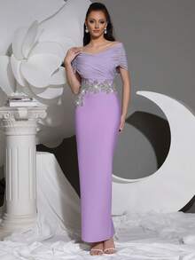 全新手工串珠水钻装饰 3D 花卉裹肩修身长款紧身连衣裙，优雅适合婚礼宾客、派对、庆典、晚礼服