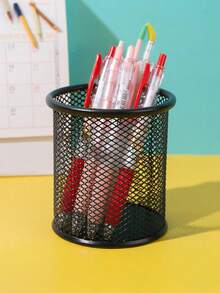 Caja de almacenamiento de papelería de unicolor, organizador de escritorio multifuncional minimalista, adecuado para estudiantes, suministros de oficina, temporada de regreso a la escuela, soporte de bolígrafo hueco para escritorio, papelería de estudiante Cubo de almacenamiento de rejilla colorida multifuncional de alambre de hierro redondo - Multicolor - Ver 11