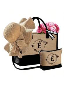 3pcs/Set Women'S Beach Tote Bag With Shoulder Straps,With Women'S Beach Hat And A Makeup Bag,Letter A-Z Beach Accessories Bag,Personalized Gift Bag With Side Pockets, Beach Bag With Scarf, Women'S Khaki Wave Beach Sun Hat - Khaki - View 33