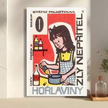 Framed 1960s Czech Safety Poster | Vintage Kitchen Decor | Mid-Century Art Print | Collectible Illustration | Retro Home Wall Art Kitchen Bathroom Living Room Mother's Day Easter Christmas Halloween Birthday Party Decorations - Framed - View 2