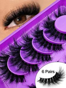6 pares de pestañas postizas de mink falso transparentes y naturalmente esponjosas, con tallos transparentes, efecto 3D grueso, diseño de racimos cruzados, ligeras y cómodas, pestañas postizas reutilizables - Negro - Ver 2