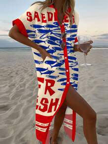 Vestido casual de primavera/verano para mujer, vestido camisa de estampado floral romántico y patchwork, adecuado para vacaciones en la playa