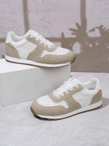 Women's Velour Patchwork Lace-Up Chunky Sneakers, Lightweight Thick Sole Casual Outdoor Sport Style Student Shoes, Autumn New Arrival