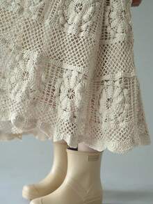 Guipure Lace A-Line Skirt - Flowy, Casual, Solid-Colored, Smock Waist Women's Fashion Clothing For Everyday Wear - Apricot - View 9