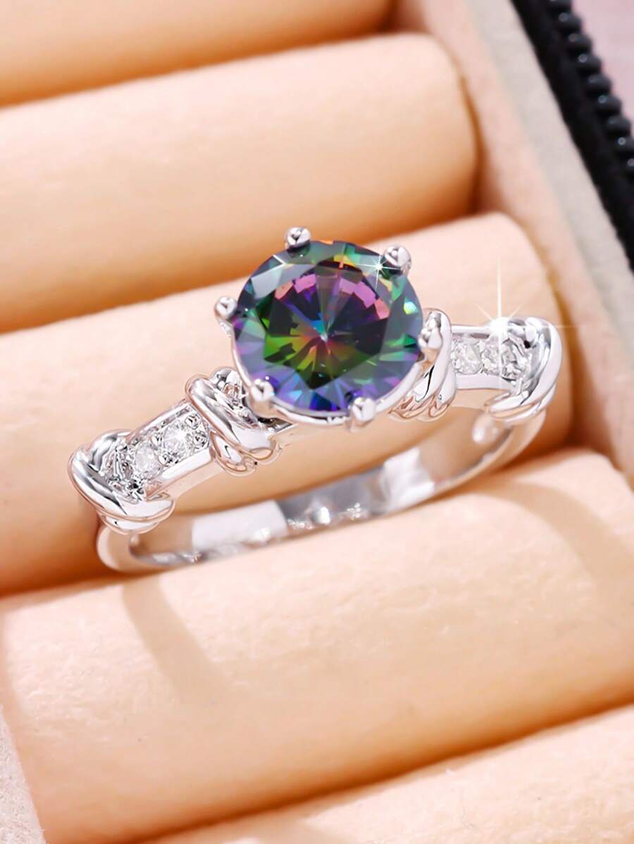 1pc Classic Elegant Round Cubic Zirconia Ring, Versatile Daily Wear, Surprise Gift For Valentine's Day, Dating - 0256 - View 1