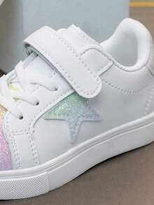 1 双女童亮片星星装饰轻便平底运动鞋，舒适防滑儿童户外休闲运动鞋 - 紅白色 - 查看 6