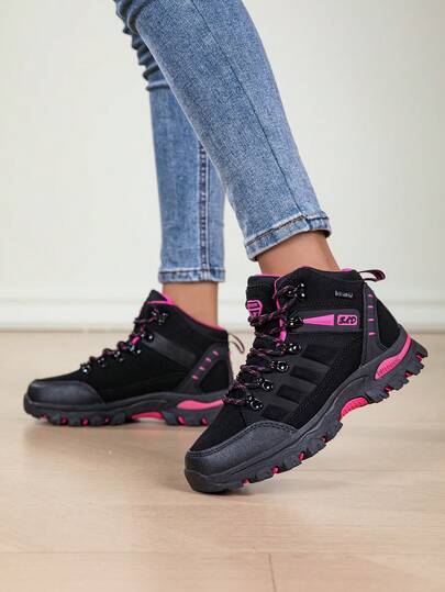 1 Pair Women's Mid-Top Athletic Outdoor Hiking Boots, Black & Rose Red High-Top Hiking Shoes, Heat & Abrasion Resistant Thick Sole Non-Slip Trekking Sneakers