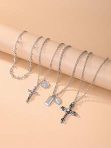 4 pezzi set di collane multistrato con pendente geometrico rotondo in metallo vintage, collana con ciondolo a croce di Gesù in stile punk per donna