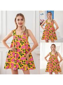 Women's Summer Tie Strap Dress Stripe Tree/Flower Print Loose Mini A Line Dress For Beach