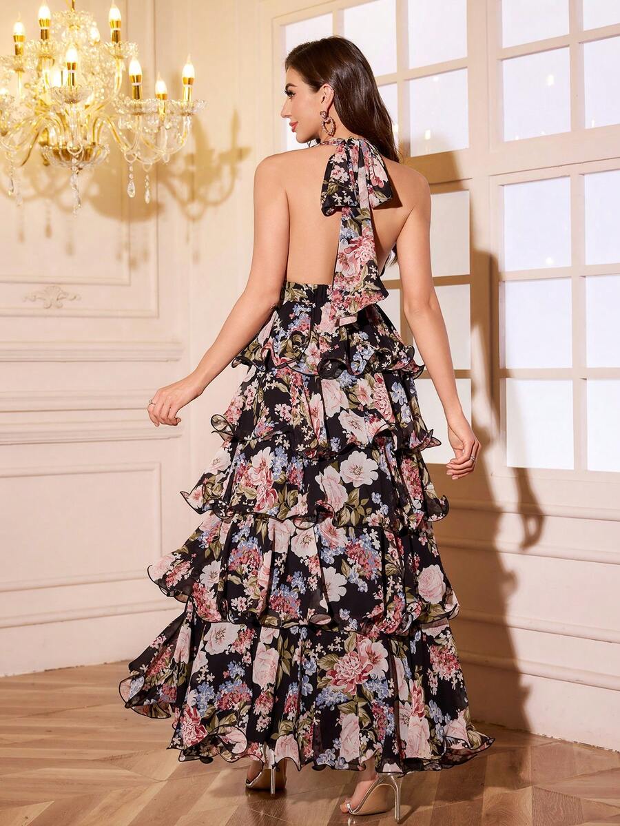 UNITHORSE Digital Watercolor Printing V-Neck Halter Backless Chiffon Floral Dress, Random Cut Flower Pattern, Elegant And Airy With Layers Of Ruffles Prom Semi Formal Wedding Dress, For Birthday, Graduation Dress, Homecoming Party Dress, Bride Dress, Birthday Women Outfits, Formal Dress, School Clothes