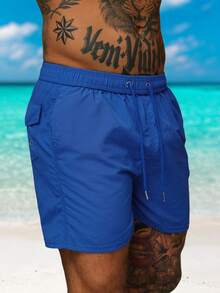 Men's Plain Color Drawstring Waist Casual Beach Shorts, Breathable - Royal Blue - View 2
