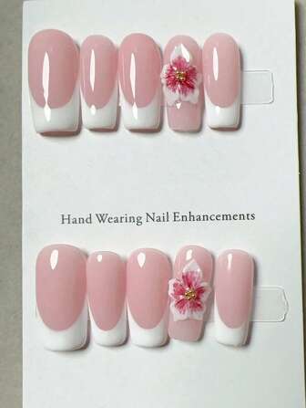 10Pcs/Set Manual French Floral Pointed Nail Tips, Square Shaped With 3D Flowers And Rhinestones, Pink/Nude Glitter Effect, New Ins Elegant Minimalist European Style, Long Length Artificial Nails, Suitable For Women And Girls For Daily And Party Occasions Press On Nails Nail Supplies Nails