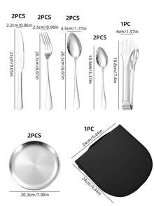 12件套不锈钢便携式餐具套装，学生餐具套装，包括叉子、勺子、茶匙、食物夹、盘子，配红/黑/蓝三色半圆形收纳袋，非常适合户外活动、野餐、烧烤。